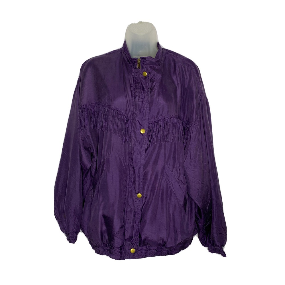 Out Brook Fringe Jacket Women L Purple Silk Western Boho Retro 80s 90s Festival